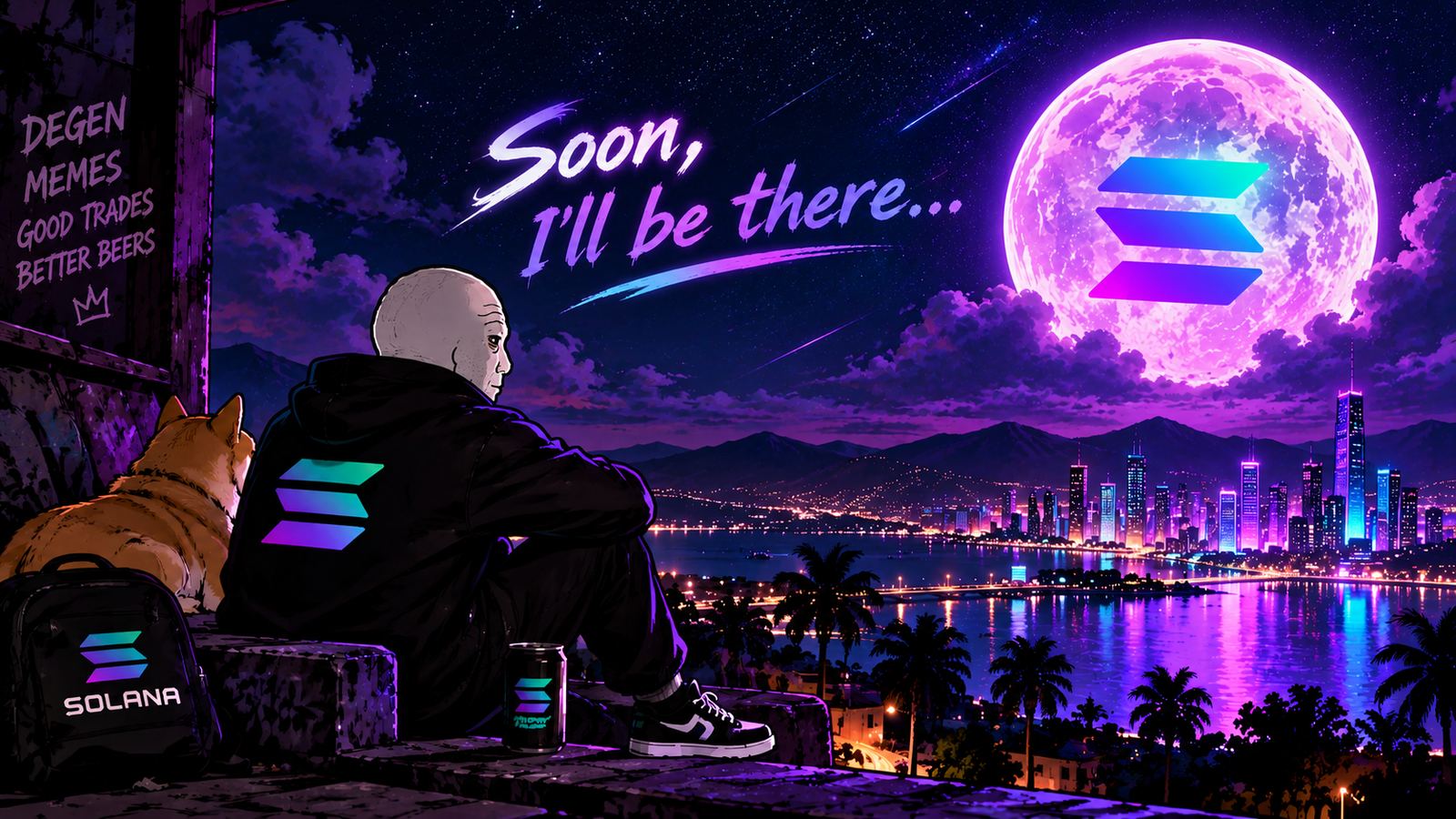 Wojak looking at a glowing Solana moon above a neon city, with the words Soon, I'll be there...